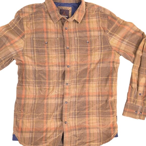 Prana Dooley Button Up Shirt Mens Size Small Corduroy Plaid Long Sleeve Brown - Picture 1 of 7